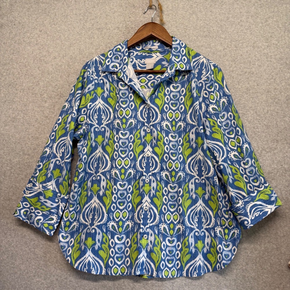 Chicos Button Down Shirt Womens 2‎ L Ikat No-Iron Stretch Cotton Career Office - Picture 2 of 12